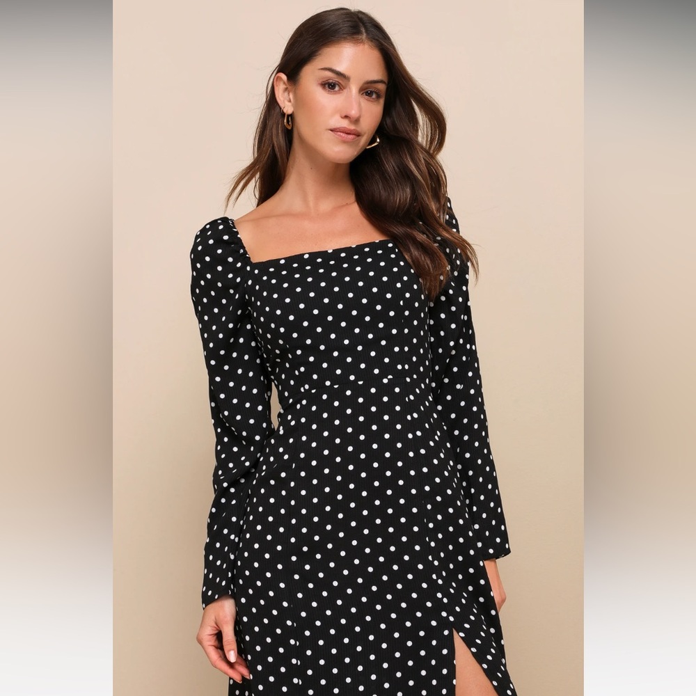 Lulus Charmed and Classy Black Polka Dot Long Sleeve Midi Dress